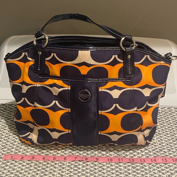 Coach Signature Satchel Navy and Orange Handbag With Leather Trim. COA! - Picture 7 of 11